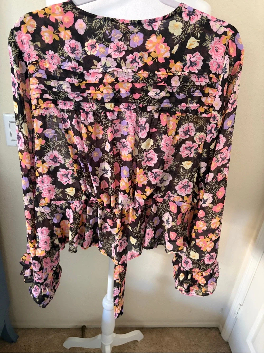 Free People Black Blouse with Pink, Purple & Yellow Floral Print Tie Front